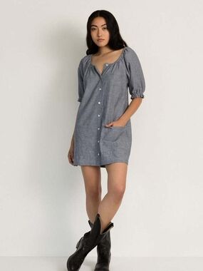Neranese Chambray Button-Front Puff Sleeve Dress - Blue